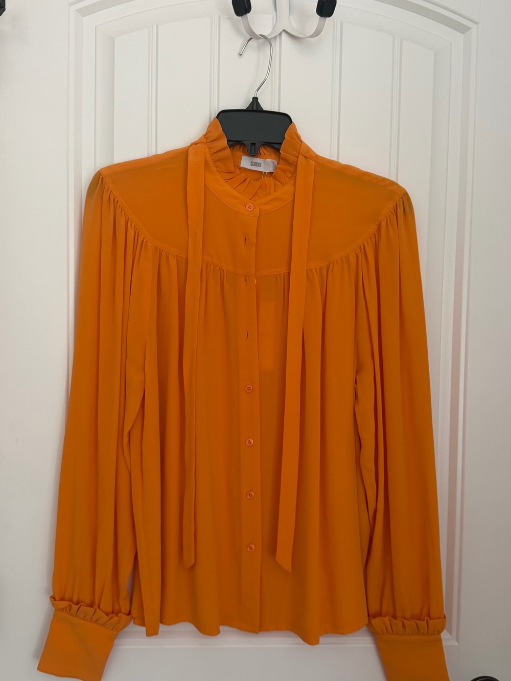Closed Orange Tie-Neck Long-Sleeve Blouse